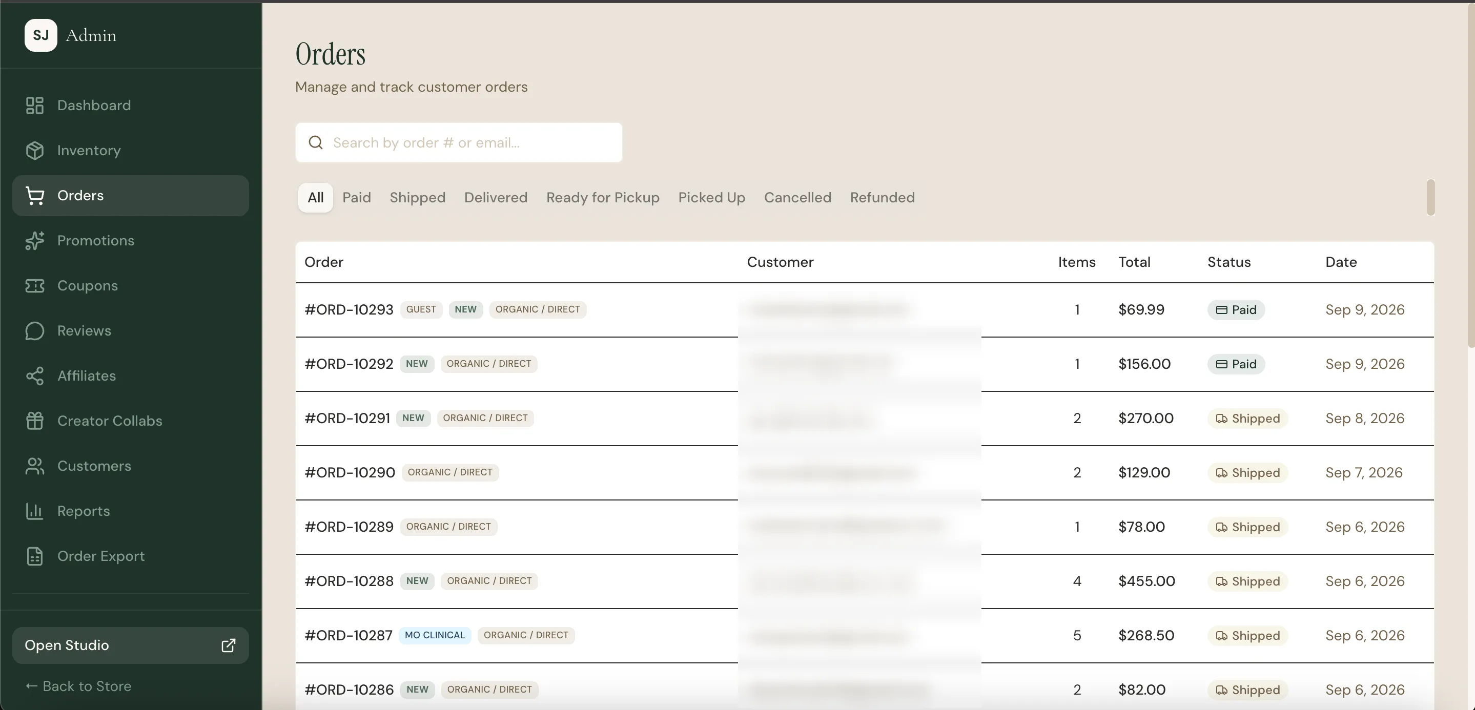 Retail orders list in the admin