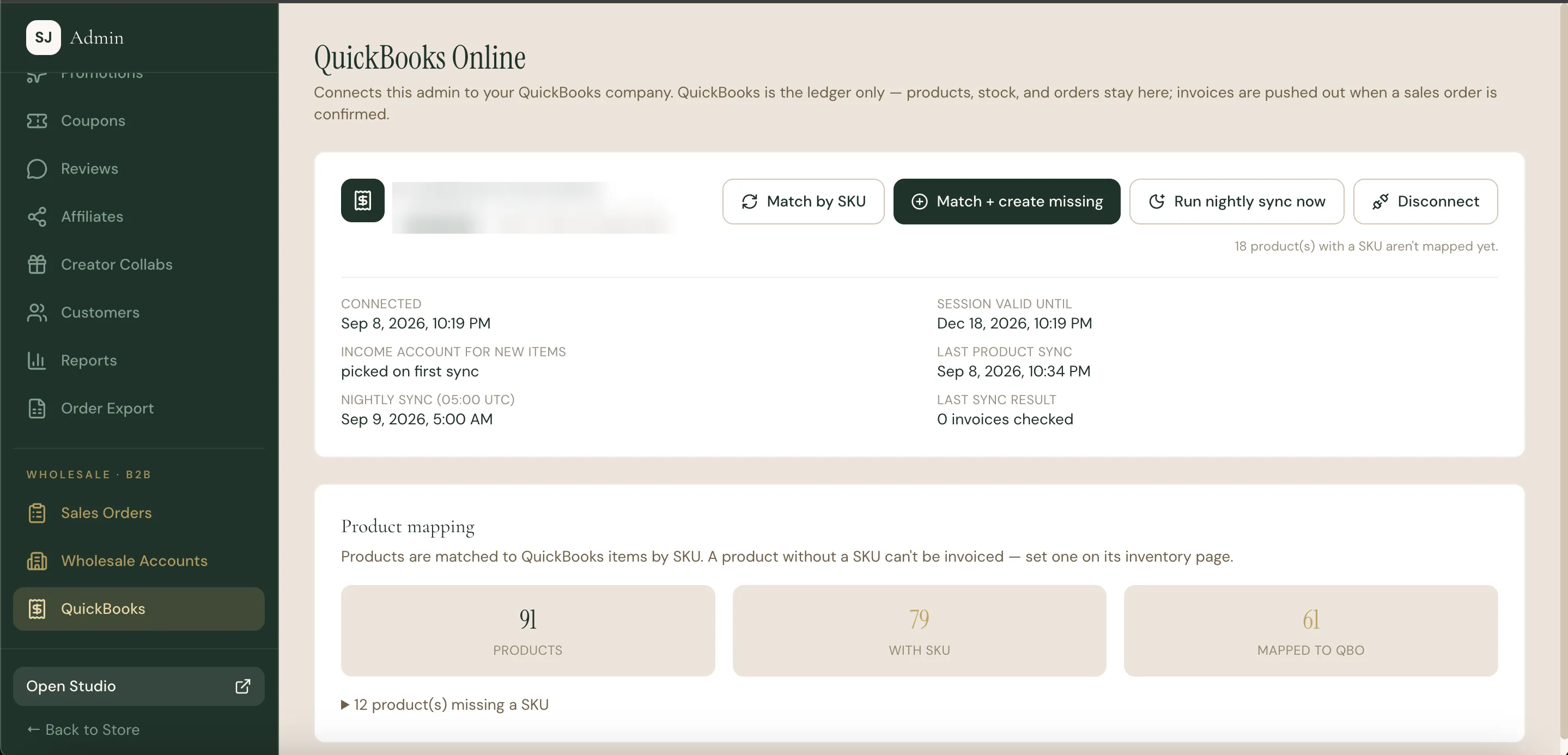 QuickBooks connection page with product mapping counts