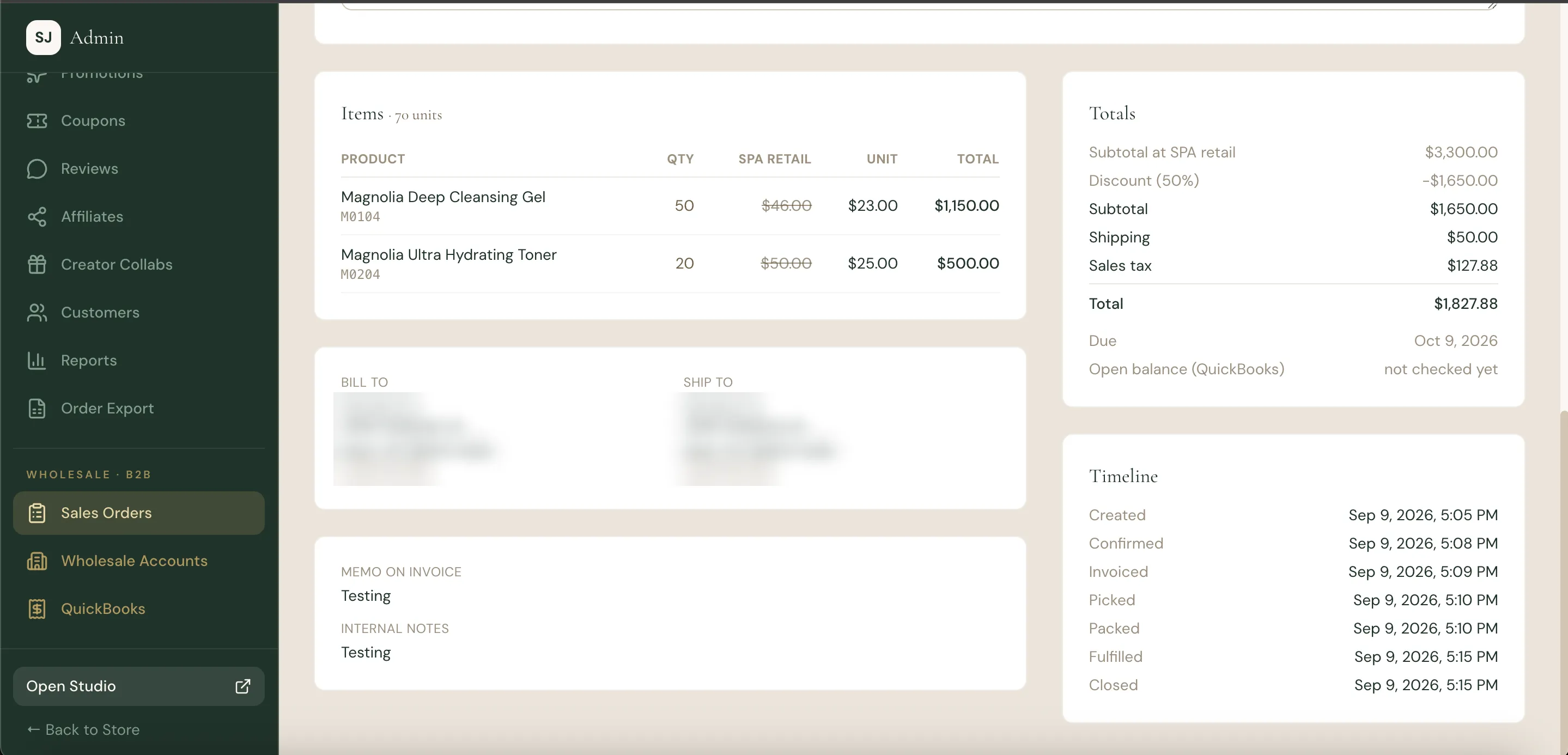 A wholesale sales order in the admin, with items, totals, and its timeline