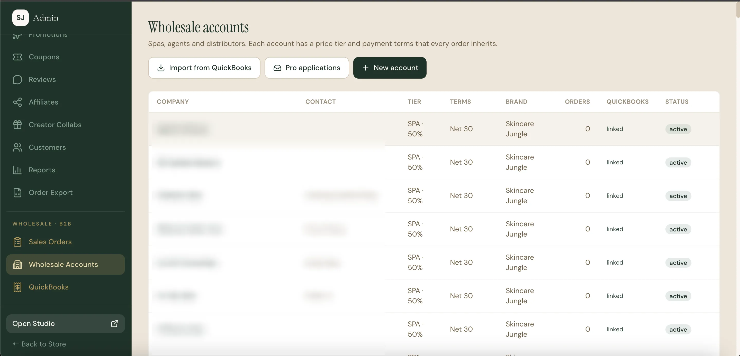 Wholesale accounts list with tiers, terms and QuickBooks link status