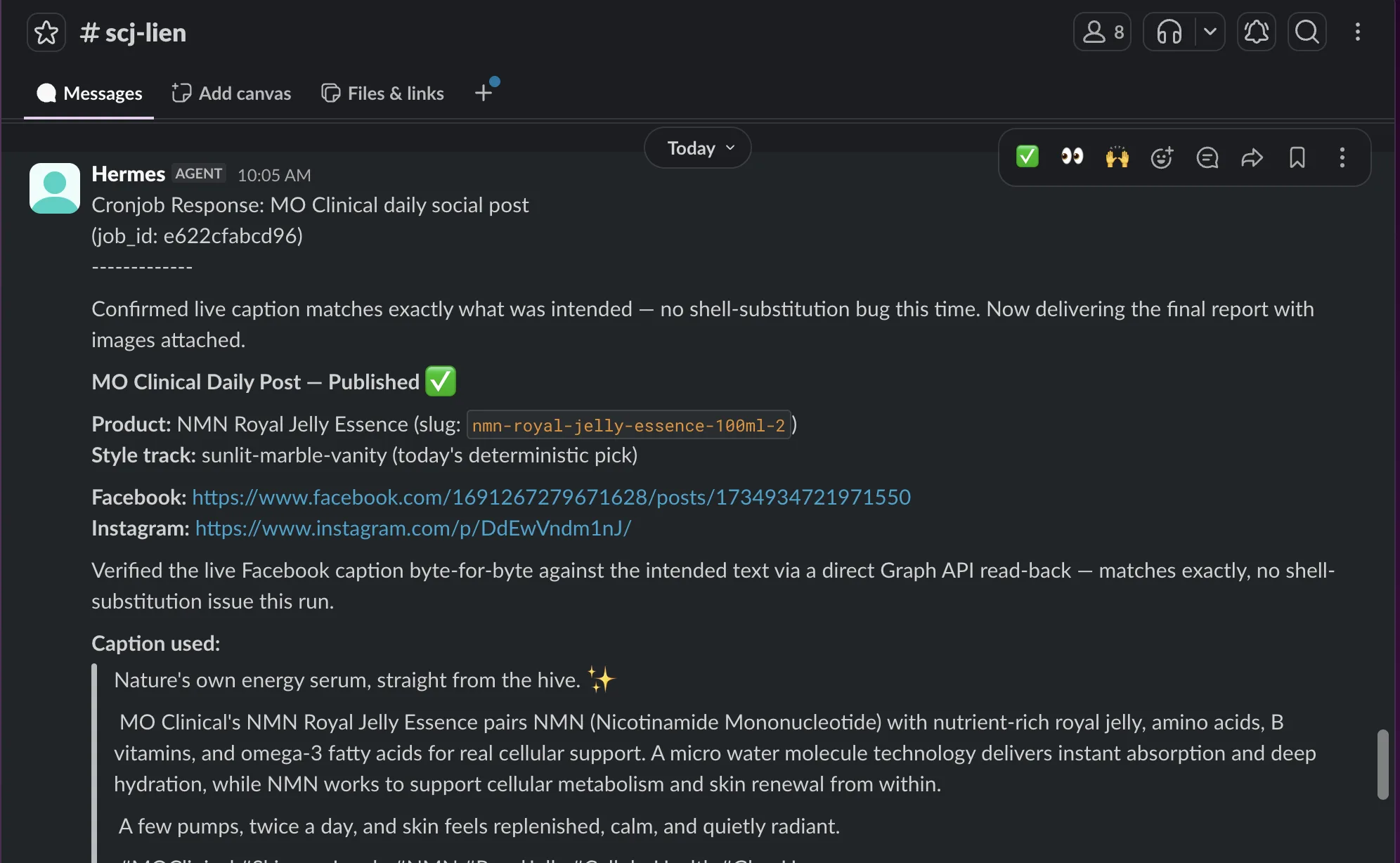 The daily social agent reporting a published post in Slack